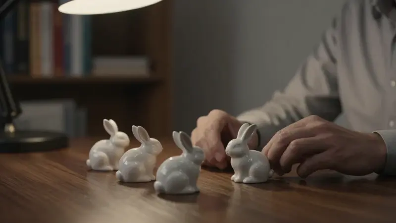 Manos de psicólogo colocando figuritas de conejos blancos sobre un escritorio de madera oscura en un ambiente de oficina tenuemente iluminado con libros de psicología al fondo.