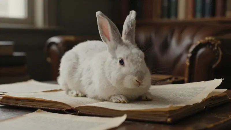 Conejo blanco realista sobre páginas de un antiguo diario de sueños, en un estudio tenuemente iluminado con estanterías y un sillón de cuero desenfocado.