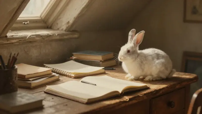 Un conejo blanco observa con calma en un ático polvoriento e iluminado por la tarde, rodeado de cuadernos y diarios de sueños sobre un escritorio de madera antiguo.