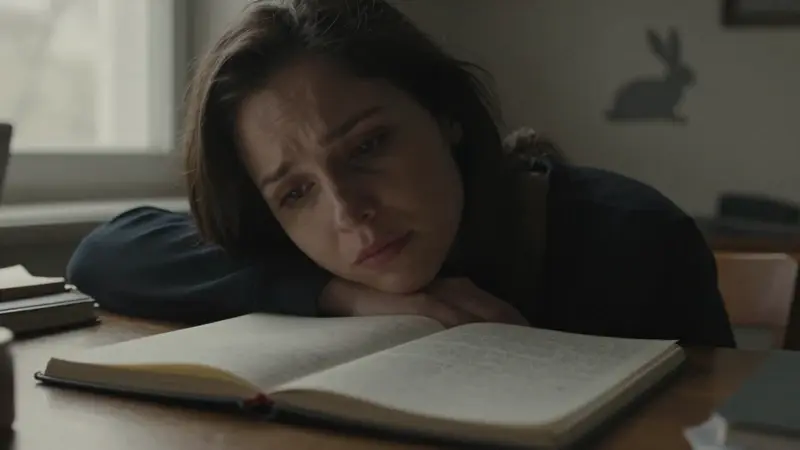 Mujer preocupada en un estudio desordenado, con un diario de sueños y notas dispersas, mientras la silueta de un conejo se proyecta sutilmente en la pared.