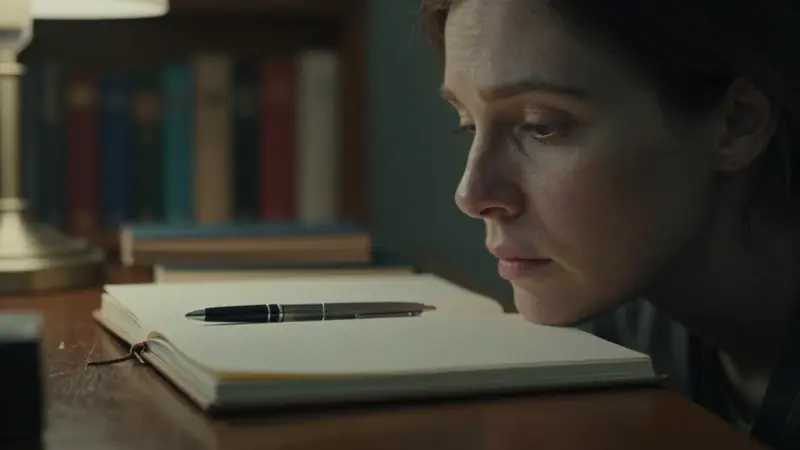 Mujer pensativa frente a un escritorio antiguo con diario de sueños, en ambiente de estudio tenuemente iluminado.