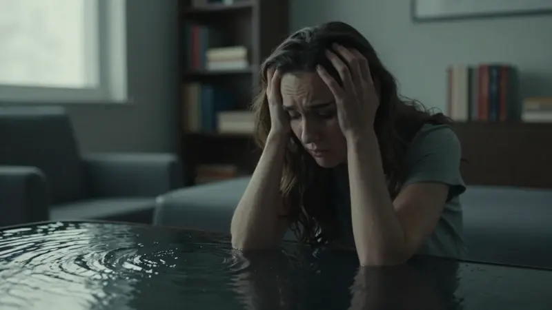 Mujer preocupada mirando agua ondulada en un consultorio tenuemente iluminado, posiblemente de un terapeuta, con libros difusos en el fondo.