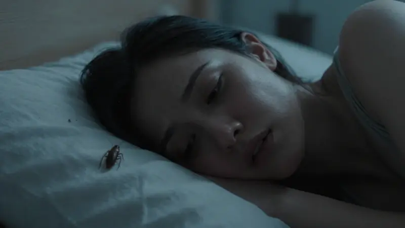 Primer plano de rostro angustiado de mujer en un dormitorio tenuemente iluminado, con una cucaracha arrastrándose sobre su almohada.