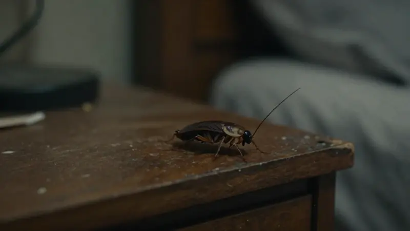 Cucaracha arrastrándose sobre una mesita de noche de madera desgastada en un dormitorio con poca luz.