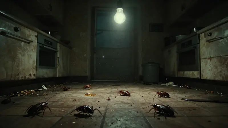 Cucarachas arrastrándose por el suelo agrietado de una cocina abandonada y en penumbra.