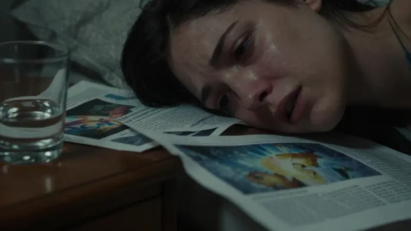 Mujer angustiada en un dormitorio oscuro, rodeada de papeles con imágenes oníricas, con un vaso de agua derramado en una mesita de noche.