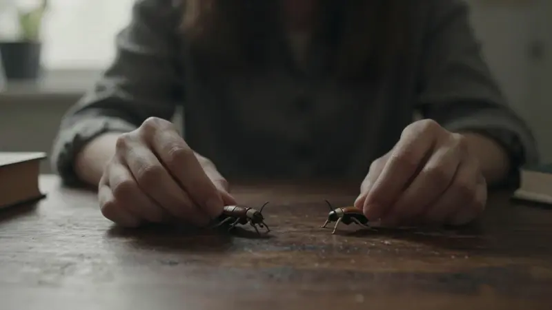Manos colocando cuidadosamente pequeñas cucarachas de cerámica sobre un escritorio de madera oscura en un ambiente de estudio tenuemente iluminado.