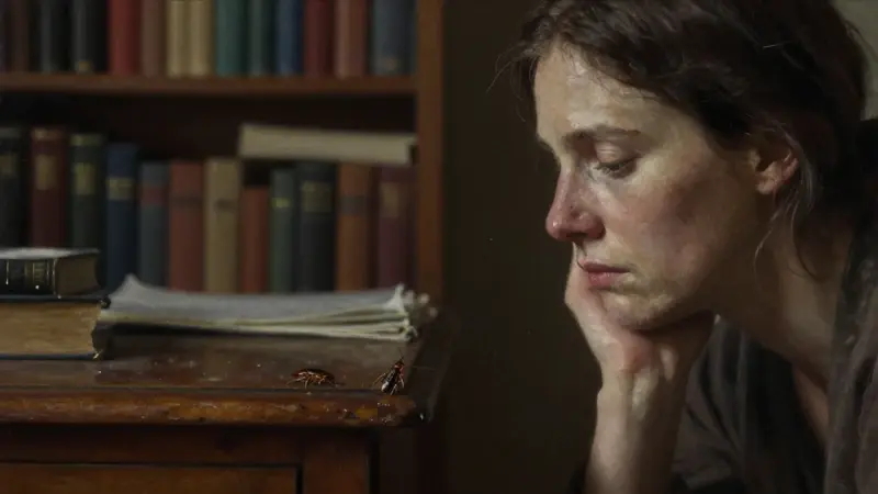 Primer plano de una mujer pensativa en un estudio con estanterías llenas, mientras una cucaracha camina sutilmente sobre el borde de un escritorio antiguo.
