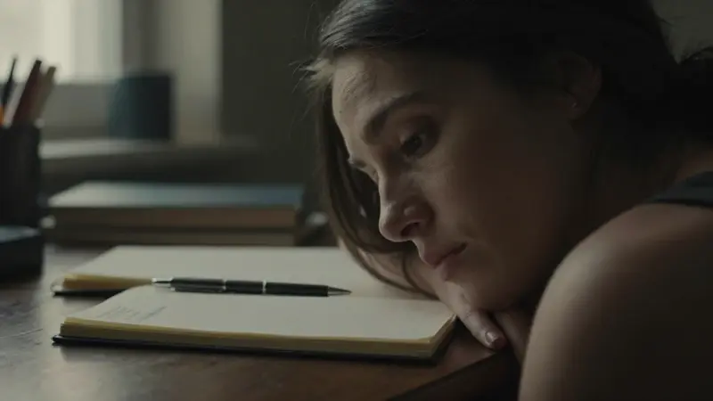 Mujer pensativa frente a un escritorio de madera con diario de sueños, en una atmósfera melancólica e íntima.
