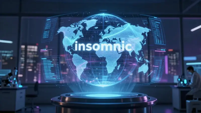 Estadísticas globales del insomnio proyectadas holográficamente en un laboratorio de investigación con vista a una ciudad nocturna.