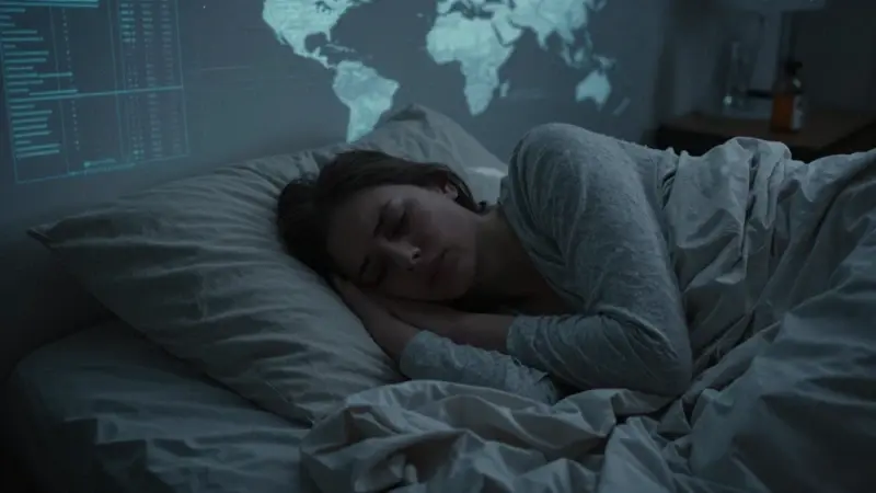 Persona inquieta durmiendo en una cama desordenada, con una tenue luz entrando por la ventana y un mapa mundial proyectado difusamente en el techo.