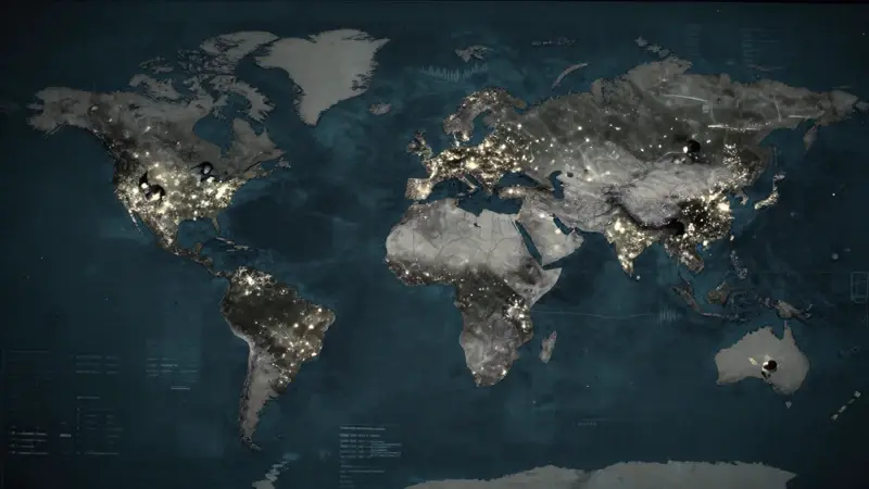 Mapa mundial que ilustra la prevalencia del insomnio, destacando los diez países más afectados con patrones de sueño visualizados sobre ciudades iluminadas tenuemente.