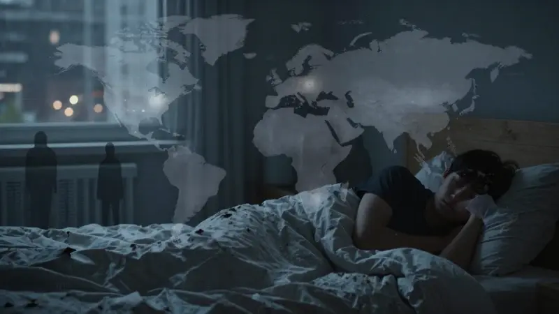 Mapa mundial con siluetas de personas despiertas, superpuesto a un interior de dormitorio tenuemente iluminado, evocando la prevalencia global del insomnio.