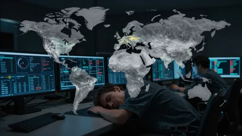 Mapa mundial con mapa de calor difuso que representa la privación del sueño, superpuesto a una sala de control tenuemente iluminada con múltiples monitores mostrando análisis de datos del sueño.