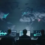 Mapa mundial superpuesto con siluetas humanas inquietas, mostrando la prevalencia del insomnio y los países más afectados, visualizado desde una sala de control con monitores de datos del sueño.