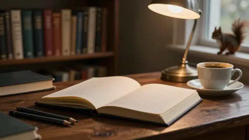 Diario de sueños abierto sobre un escritorio de roble, con lápices y una taza de café, en un estudio tenuemente iluminado con estanterías llenas de libros de psicología. Una ardilla observa desde el alféizar de la ventana.