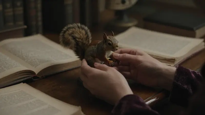 Manos sosteniendo delicadamente un modelo anatómico de ardilla sobre un escritorio antiguo lleno de libros de psicología y análisis de sueños.