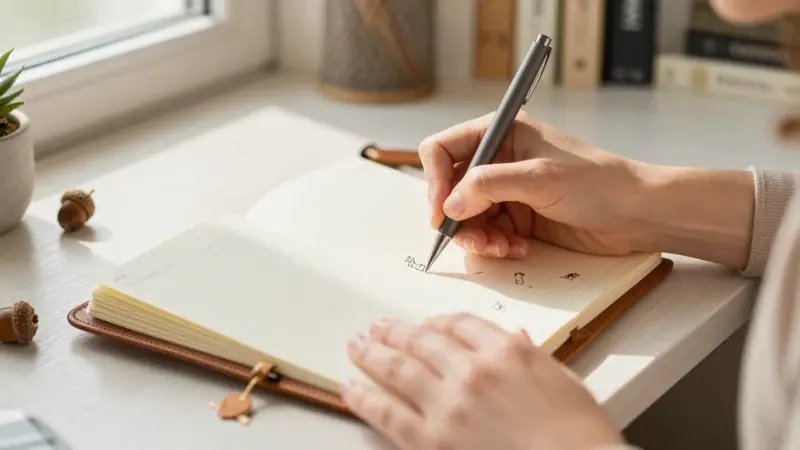 Manos femeninas dibujan pequeñas ardillas en un planificador diario sobre un escritorio de oficina en casa, rodeado de bellotas y con una estantería desenfocada al fondo.