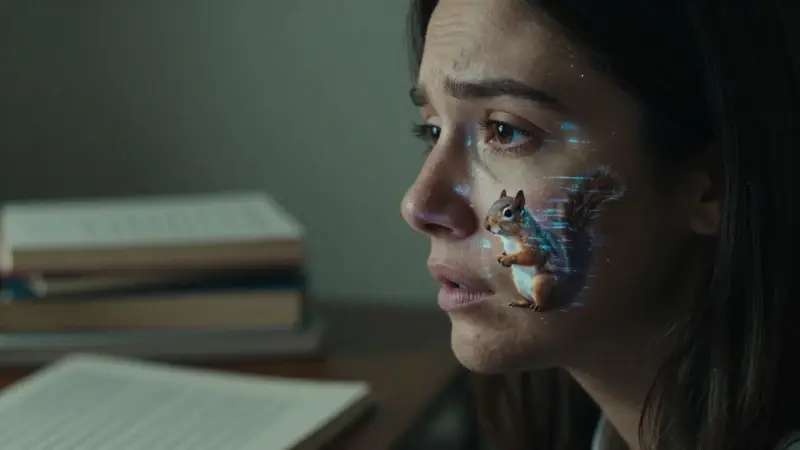Mujer angustiada con la proyección digital de una ardilla sobre su rostro, rodeada de libros de psicología y diarios de sueños en un ambiente tenue y hogareño.