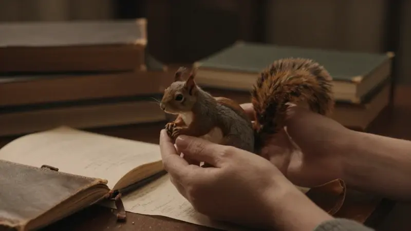 Manos sosteniendo delicadamente un modelo anatómico de ardilla en un estudio antiguo lleno de libros y diarios de sueños.