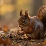 Ardilla enterrando una nuez en un suelo forestal cubierto de hojas otoñales, con luz dorada y ambiente melancólico.