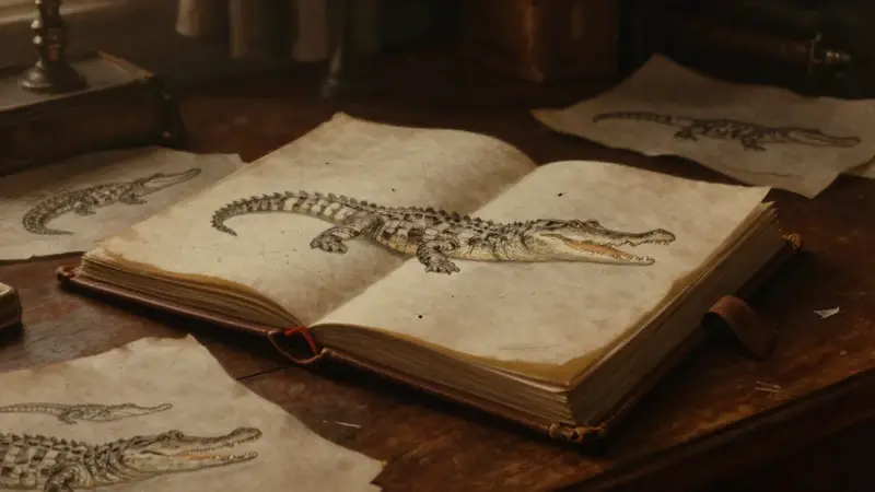 Estudio antiguo con un diario de sueños abierto y un dibujo anatómico de un cocodrilo superpuesto a constelaciones. Ambiente melancólico y tonos sepia.