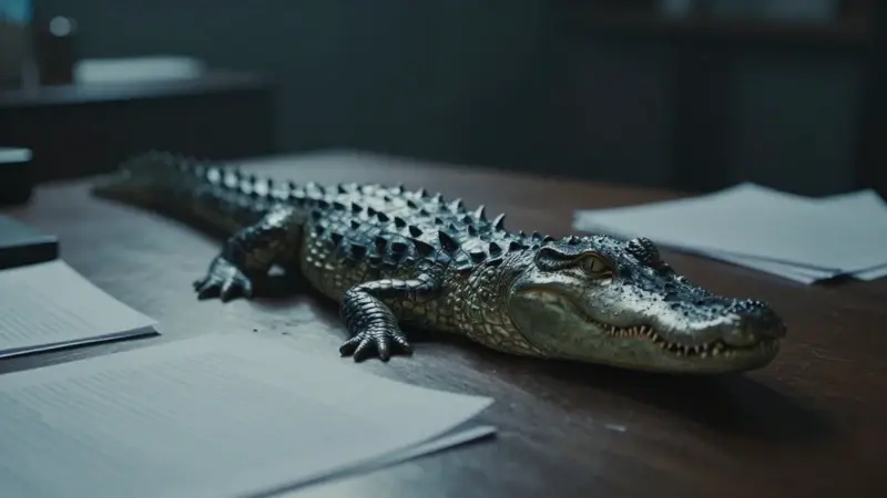 Escultura de cocodrilo metálico parcialmente sumergida sobre un escritorio de psicólogo en un ambiente oscuro e introspectivo.