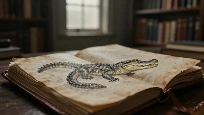 Diario de sueños antiguo abierto a un detallado dibujo anatómico de un cocodrilo, en un estudio con estanterías llenas de libros de psicología y antropología.