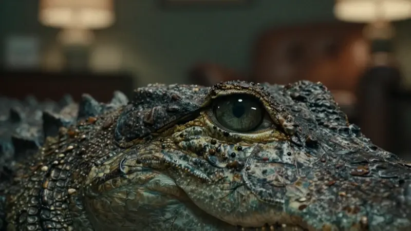 Ojo de cocodrilo reflejando un despacho de psicólogo tenuemente iluminado.