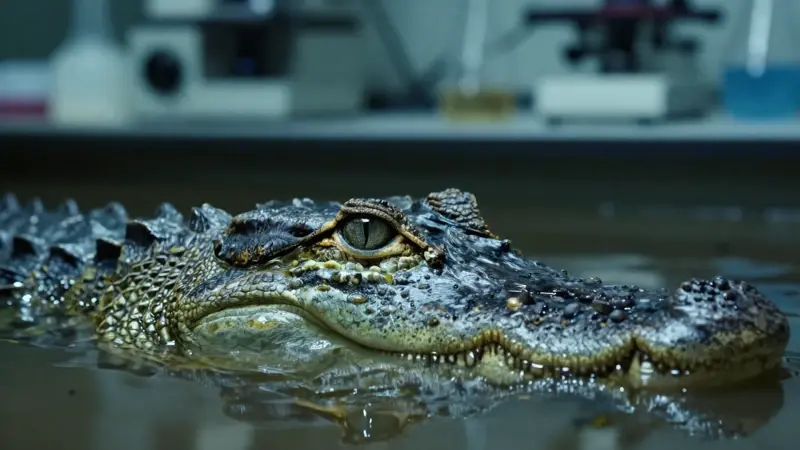 Ojo de cocodrilo parcialmente sumergido en agua turbia, con un fondo de laboratorio científico desenfocado.