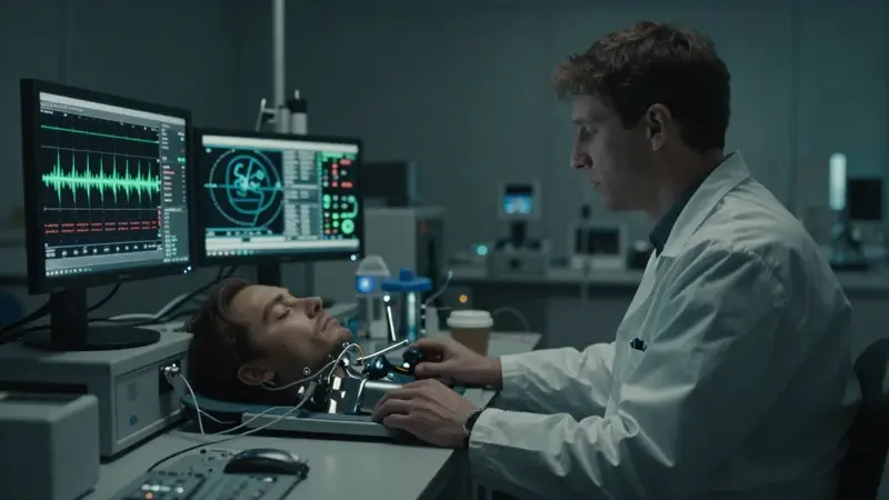 Neurocientífico en laboratorio investigando la actividad cerebral de un sujeto durmiendo conectado a un electroencefalograma, en un ambiente de investigación con iluminación tenue y tonos azul verdoso y grisáceos.