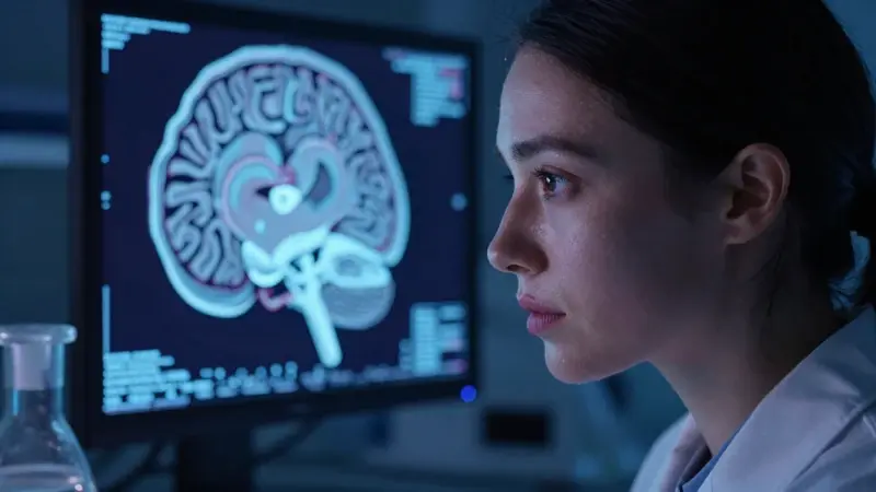 Neurocientífica concentrada en un laboratorio, con una exploración cerebral bioluminiscente en segundo plano, investigando la comunicación en sueños lúcidos.