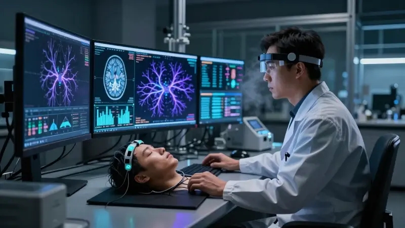 Neurocientífico monitoreando actividad cerebral y escaneos en un laboratorio oscuro, con un sujeto conectado a un electroencefalograma, mientras investiga sueños lúcidos e interactivos.