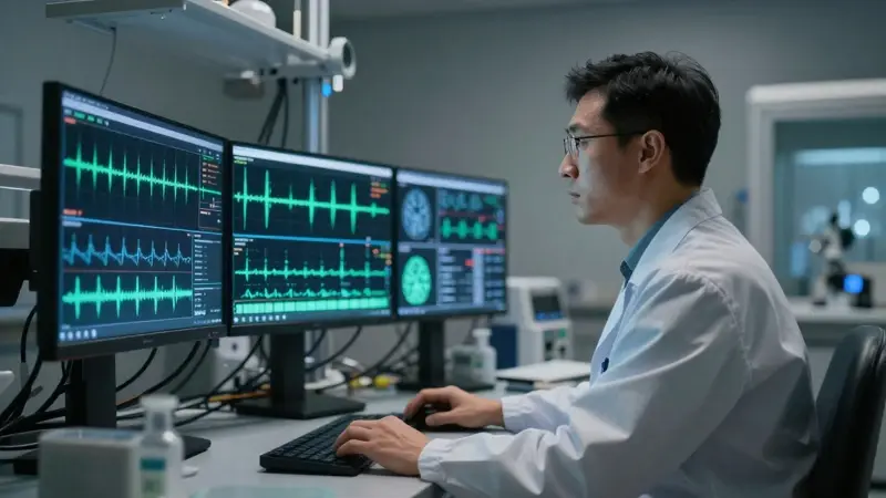 Neurocientífico monitoreando patrones de ondas cerebrales en un laboratorio de sueño de alta tecnología, con múltiples pantallas y equipos médicos.
