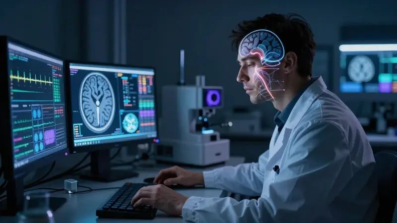 Neurocientífico investigando la actividad cerebral de una persona dormida en un laboratorio oscuro, utilizando escáneres y monitores con datos de EEG.