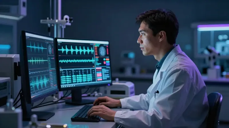 Neurocientífico monitoreando actividad cerebral en un laboratorio del sueño de alta tecnología, con pantallas complejas y ambiente de iluminación azul y púrpura.
