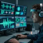 Neurocientífico analizando patrones de ondas cerebrales durante un estudio de sueños lúcidos en un laboratorio futurista con tecnología avanzada.