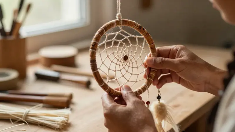 Tejido de atrapasueños en proceso, manos de un artesano indígena trabajando en un taller iluminado por el sol.