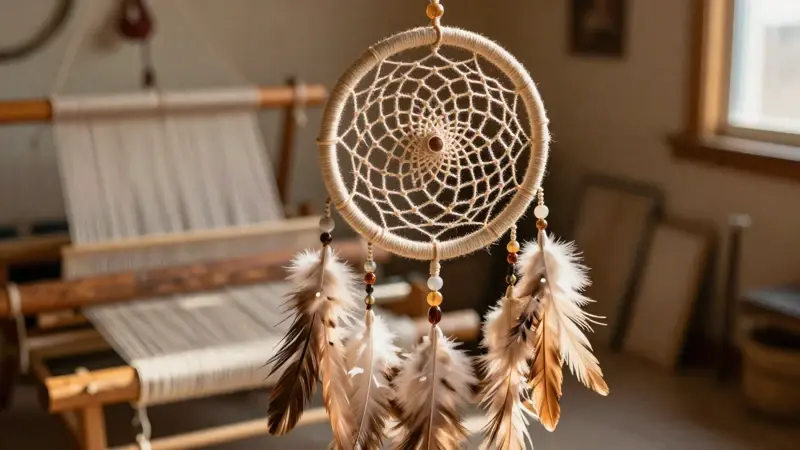 Atrapasueños artesanal colgando frente a un telar de tejido Navajo tradicional, iluminado por luz cálida.