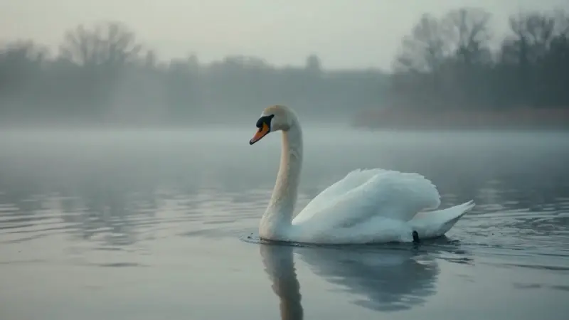 Cisne blanco deslizándose suavemente sobre un lago brumoso al amanecer, con un ambiente sereno y melancólico.