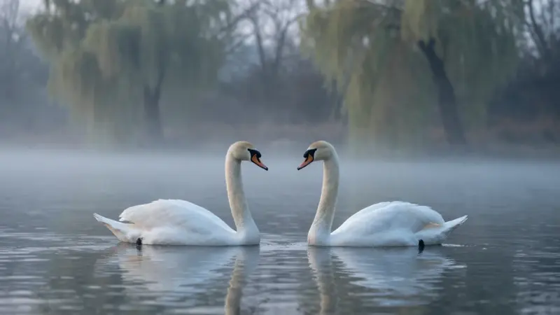 Pareja de cisnes blancos navegando en un lago brumoso a la luz de la mañana, con sauces a la orilla.