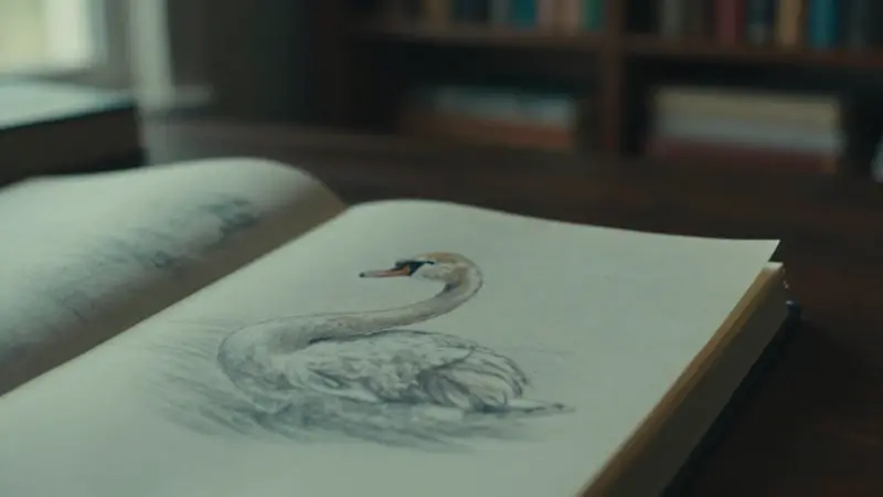 Primer plano de un diario de sueños abierto con un boceto a lápiz detallado de un cisne, sobre un escritorio de madera oscura en un estudio tenuemente iluminado y lleno de libros.