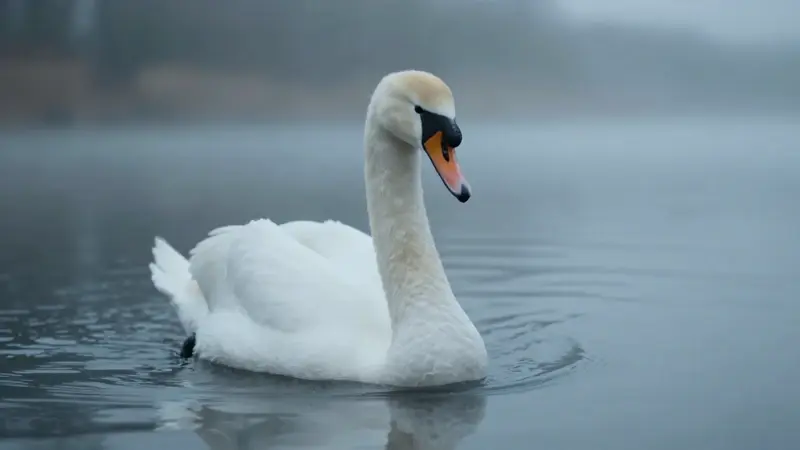 Cisne blanco nadando en un lago brumoso con suaves ondulaciones y una orilla desenfocada.