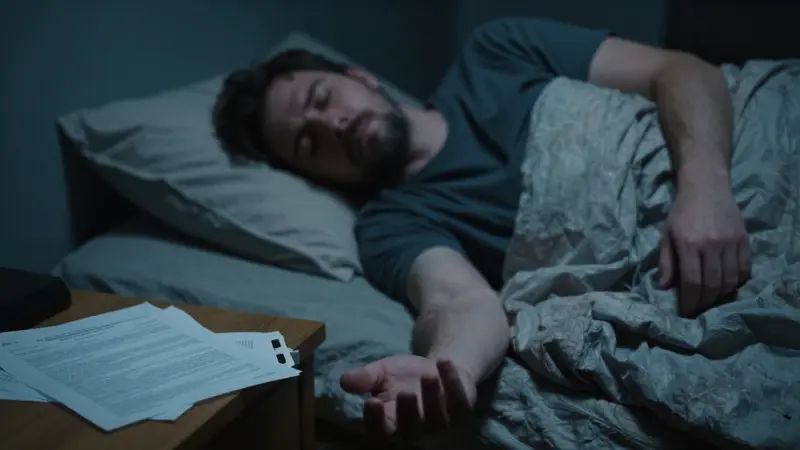 Habitación tenuemente iluminada con un hombre sonámbulo de manos extendidas, junto a documentos legales sobre un escritorio.