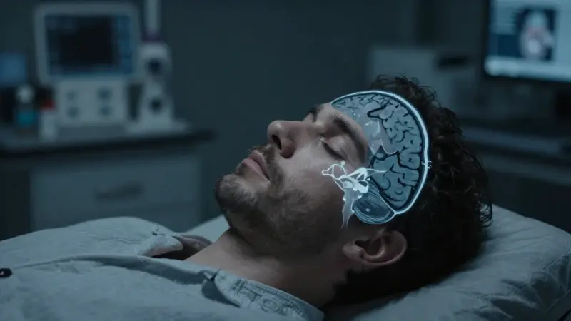 Análisis cerebral de un hombre dormido en un laboratorio de neurociencia, con una visualización de escáner cerebral superpuesta, ilustrando la investigación del sonambulismo y sus implicaciones legales.