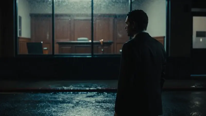 Silueta de un hombre de espaldas en un traje oscuro, contemplando a través de una ventana un interior judicial bajo la lluvia, evocando el caso de Kenneth Parks y la complejidad legal del sonambulismo.