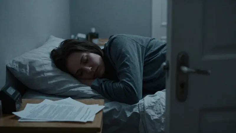 Figura sonámbula en un dormitorio tenuemente iluminado, con documentos legales esparcidos sobre un escritorio cercano. Ambiente sombrío y perturbador.