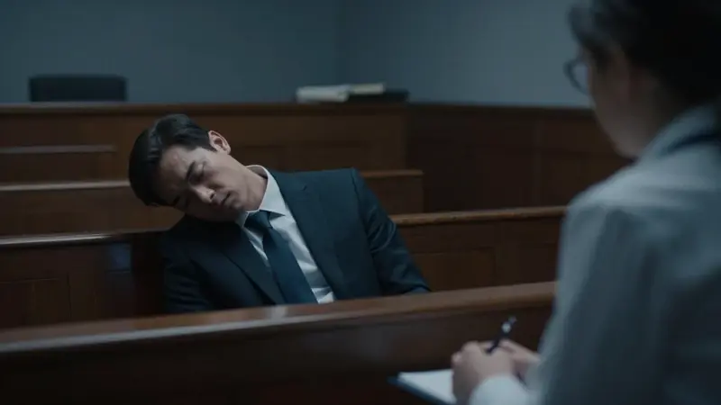 Hombre dormido con traje en una sala de juzgados tenuemente iluminada, observado por un psicólogo forense, en el contexto del caso Kenneth Parks sobre sonambulismo y responsabilidad legal.