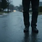 Figura sonámbula caminando por una calle suburbana oscura y mojada bajo la lluvia.