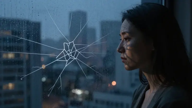 Mujer pensativa mirando a través de una ventana lluviosa una ciudad iluminada, con un entramado de líneas que evocan conexiones neuronales superpuestas a la imagen.